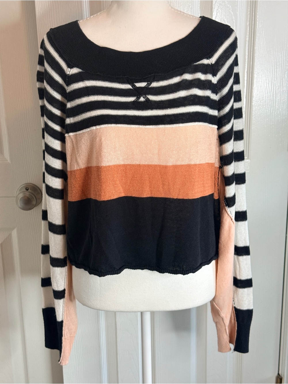 Free People Block Party Striped Pullover Crop Sweater M Black Pearl Combo Linen